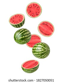 Falling watermelon set, isolated on white background, clipping path, full depth of field