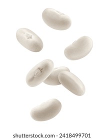 Falling white Kidney beans, isolated on white background, clipping path, full depth of field