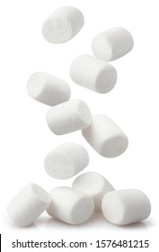 Falling white marshmallows, isolated on white