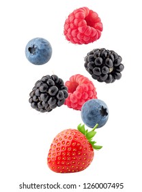 Falling wild berries mix, strawberry, raspberry, blueberry, blackberry, isolated on white background, clipping path, full depth of field - Shutterstock ID 1260007495