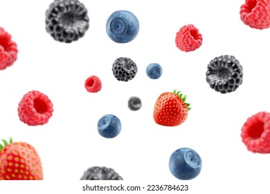 Falling wild berries mix, strawberry, raspberry, blueberry, blackberry, isolated on white background, selective focus