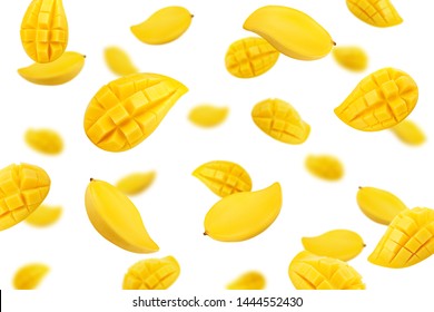 Falling Yellow Mango Isolated On White Background, Selective Focus