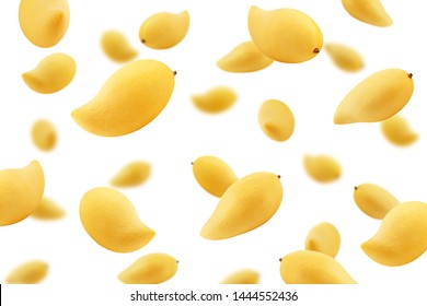 Falling Yellow Mango Isolated On White Background, Selective Focus