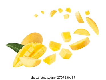 Falling Yellow Mango isolated on white background with clipping path, full depth of field.