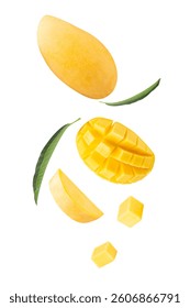 Falling Yellow Mango with leaf isolated on white background with clipping path, full depth of field.