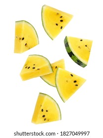 Falling yellow watermelon isolated on white background, clipping path, full depth of field