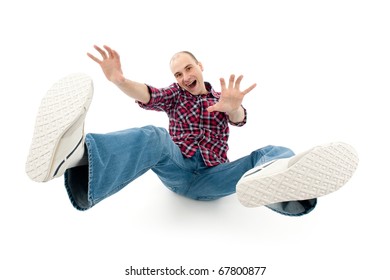 falling young man isolated on white background
