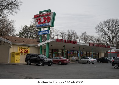 Falls Church, VA / USA - 02-20-20: The Entrance And Signage For Best Laundromat Off Of Route 50 By 7 Corners. 