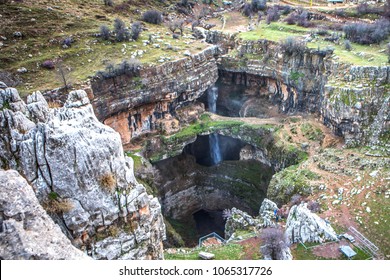 Falls In The Mountains Of Lebanon -Baatara Gorge Waterfall. The Waterfall Drops 255 Metres Into The Baatara Pothole, A Cave Of Jurassic Limestone Located On The Lebanon Mountain Trail.