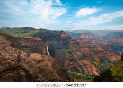 Waipo’o Falls in Waimea Canyon, Kauai, Hawaii. Waipo'o Falls, a glorious two-tier, 800 foot waterfall, cascades into the deep and colorful gorge of the Waimea Canyon below.  - Powered by Shutterstock