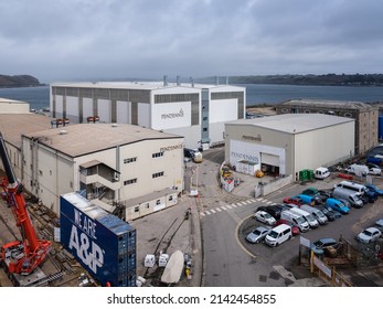 Falmouth, Cornwall, England - April 4 2022: Pendennis super yacht building and refit yard Falmouth Harbour.
