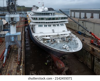 Falmouth, Cornwall, England - April 4 2022: A and P dry dock Falmouth, UK containing Fred Olson cruise ship Balmoral