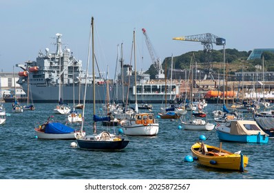 Falmouth, Cornwall, England, UK. 2021. Falmouth Harbour a large Cornish port used by naval ships, leisure craft and ferries. 