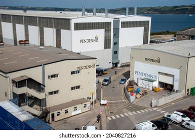 Falmouth, Cornwall, England, UK. 2021. Overview of a super yacht building company on Falmouth Harbour, UK