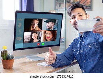 Families Who Communicate Remotely Via Video Conference Can Be Seen On A Laptop Screen. Living Abroad Four Diverse Friends Making Video Calls Enjoying Communication, Virtual Interaction