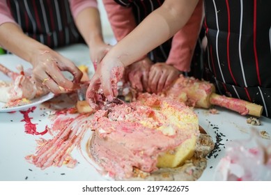 Family Activities Make A Cake In The Kitchenfamily Activities Make A Cake In The Kitchen, Child Making Cake With Family. Family Fun Together In Kitchen. Kitchen Activities Concept.