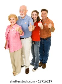 Family Of American Voters Of All Ages, Full Body Isolated On White.  I Voted Stickers Are Generic, Not Trademarked.