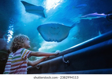 Family in aquarium. Kids watch tropical fish, marine life. Child looking at sea animals in large oceanarium. Ocean life museum. School or vacation day trip to aqua park.