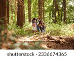 Family With Backpacks Hiking Or Walking Through Woodland Countryside