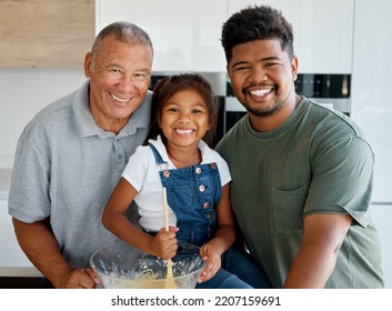 Family Baking, Food Portrait And Girl Cooking With Grandparent And Father, Happy In The Kitchen Together And Preparing Lunch With Love In House. Child, Dad And Elderly Person With Smile Making Dinner