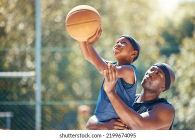 Family Basketball, Sports Father And Child, Support While Training Kid In On Court In Summer, Help Learning Sport Game And Teaching Young Athlete. Motivation Dad Helping African Sports Person