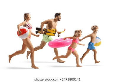 Family with beach accessories running in swim suits isolated on white background

 - Powered by Shutterstock