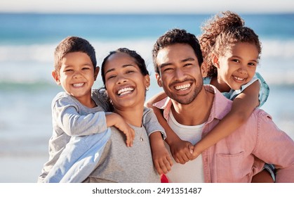 Family, beach and happiness in portrait for holiday or travel, solidarity in Mexico with children. Mom, dad and kids by ocean for vacation with sea adventure, relax in nature with big smile - Powered by Shutterstock