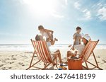 Family, beach and kids relax chair vacation adventure, bonding and play game together on tropical summer. Parents, children and excited of ocean island, energy and sunshine travel in Greece