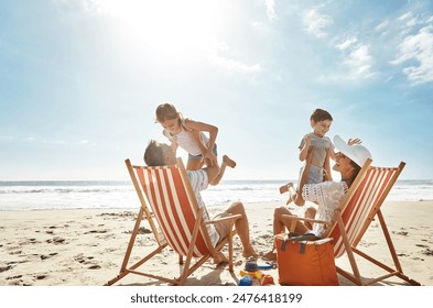 Family, beach and kids relax chair vacation adventure, bonding and play game together on tropical summer. Parents, children and excited of ocean island, energy and sunshine travel in Greece - Powered by Shutterstock