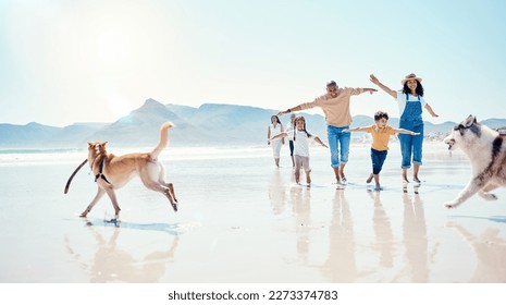 Family, beach and parents with children and dogs for bonding, quality time and adventure together. Travel, pets and happy mom, dad and kids enjoy summer holiday, vacation and relax on weekend by sea - Powered by Shutterstock