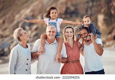 Family beach portrait, child on shoulder and dad, mom and multicultural grandparents together on vacation. Happy big family, generation smile with happiness outdoor in summer holiday for diversity - Powered by Shutterstock