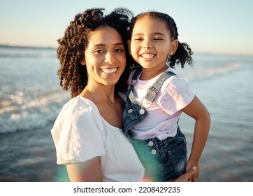 Family At Beach For Vacation, Black Mother And Child Play In The Ocean. Sand, Sun And Ocean Waves Are Great Rest For Mental Health. Seaside Holiday Is Fun For Kids, Parents And Healthy Stress Relief