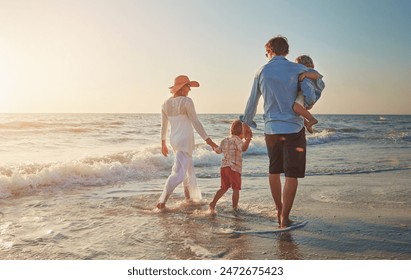 Family, beach walk and back with dad holding child for fun, relax and adventure on summer holiday. Parents, kids and travel with ocean waves, love embrace and bonding in nature with lens flare - Powered by Shutterstock