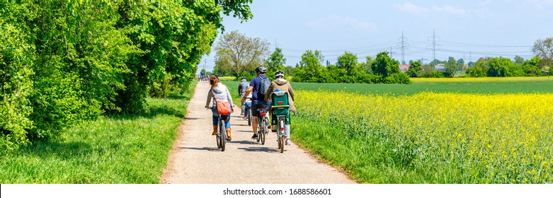 Family bike ride in Sunny spring day along fields and forest, Germany. A group of cyclists riding on the road, banner