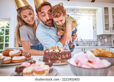 Family, birthday and celebrating child with party and cake at home while having fun. Mother, father and little boy celebration with a birthday party, dessert and sweet candy for love and care - Powered by Shutterstock