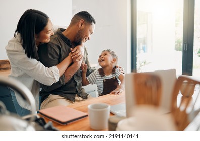 Family, bonding and playing with their happy little boy while laughing, teasing and talking at home with flair. Loving wife and son hugging dad while showing him love and affection on fathers day