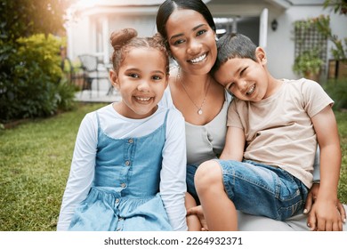 Family bonding, smiling and enjoying new house, garden and backyard as real estate investors, homeowners and buyers. Portrait of single mother, son and daughter with home insurance sitting together - Powered by Shutterstock