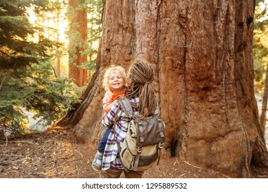 Family With Boy Visit Sequoia National Park In California, USA