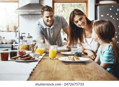 Family, breakfast and kid with smile in morning for healthy diet, growth and child development. Happy, father and mother with little girl with food on weekend for nutrition, support and care at home - Powered by Shutterstock