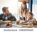 Family, breakfast and morning in house with cereal, juice and fruit for health or nutrition by table. Woman, knife and help together in home with food for wellness, brunch and bonding with mom help