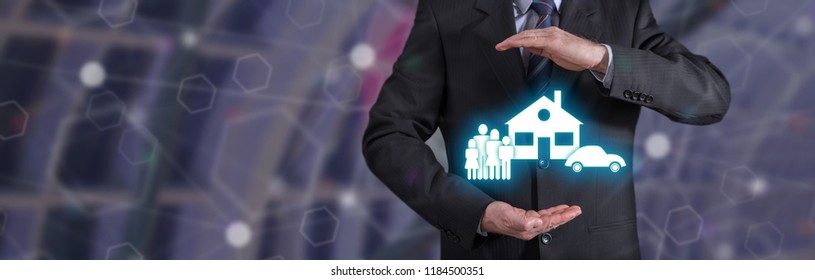 Family, Car, Home Insurance Concept With Businessman In A Protective Gesture