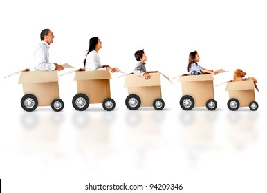 Family in a car made of cardboard box - express delivery concepts - Powered by Shutterstock