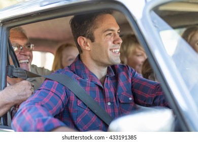 Family In Car Together, Taking Road Trip