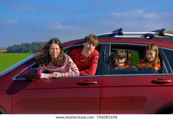Family car travel on vacation,\
happy parents and kids have fun in holiday trip, insurance\
concept\
