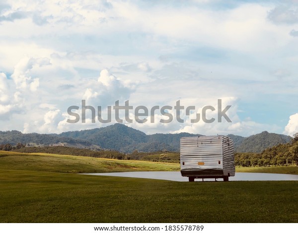 Family Caravan car vacation, travel
beautiful nature landscape, holiday trip in
motorhome.