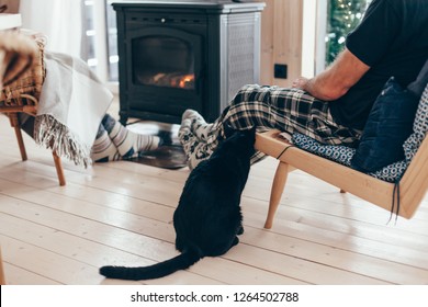 Family And Cat Relaxing In Armchair By The Fire Place In Wooden Cabin. Warm And Cozy Winter Holiday Concept.