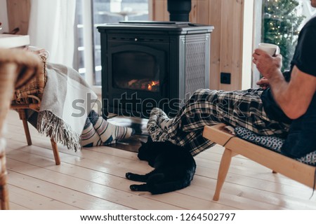 Family and cat relaxing in armchair by the fire place in wooden cabin. Warm and cozy winter holiday concept.