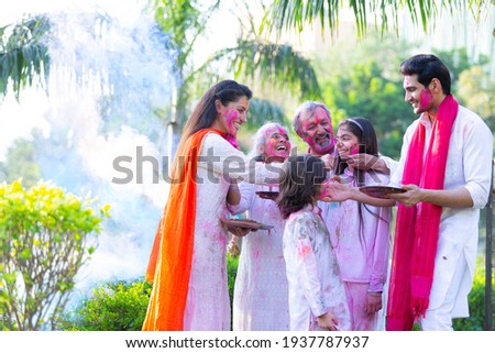 Family celebrating holi in the park