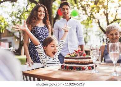 Family Celebration Or A Garden Party Outside In The Backyard.