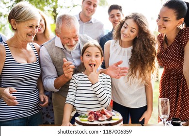 Family Celebration Or A Garden Party Outside In The Backyard.